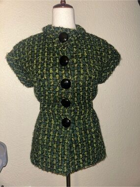 Beth Bowley Green and Yellow Tweed Button Up Top with Cinched Waist Tie